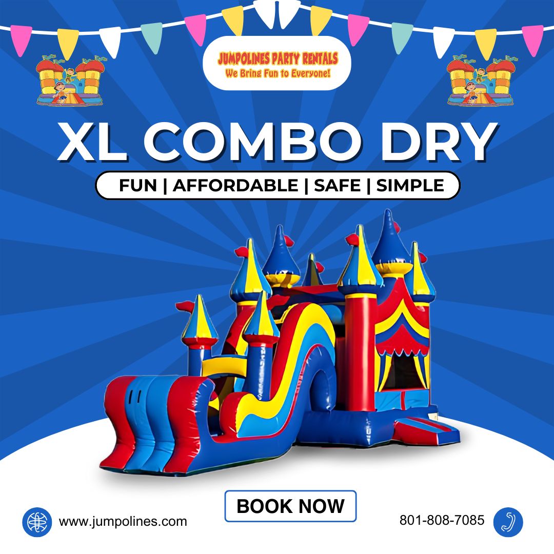 A large colorful bounce house with a slide set on a promotional image.