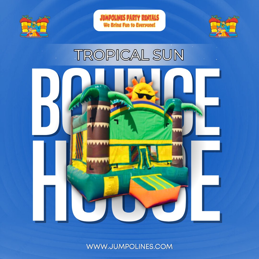 A tropical inflatable in a promotional post with the words bounce house in large letter.