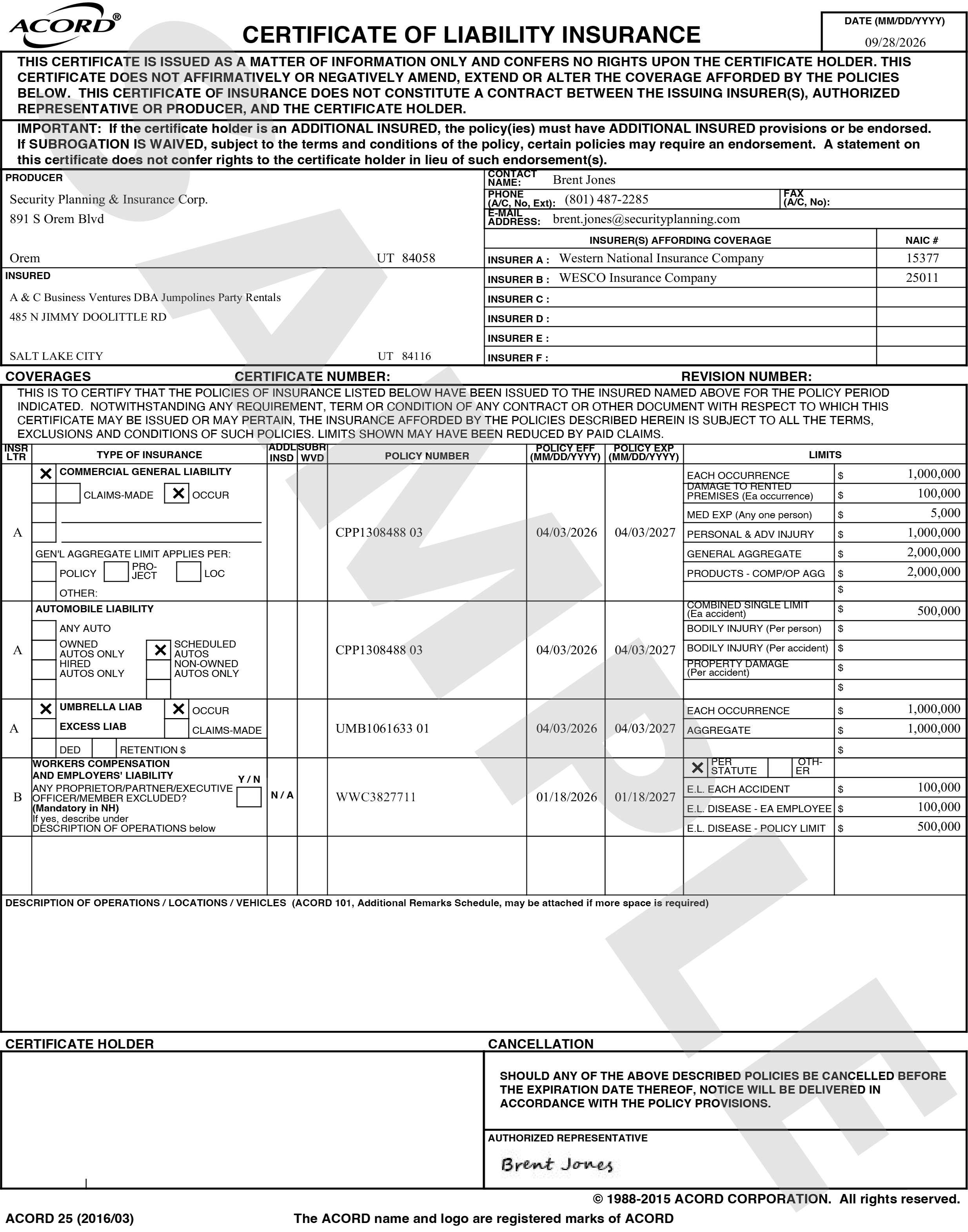 Certificate of insurance for Jumpolines showing $3M/$1M coverage