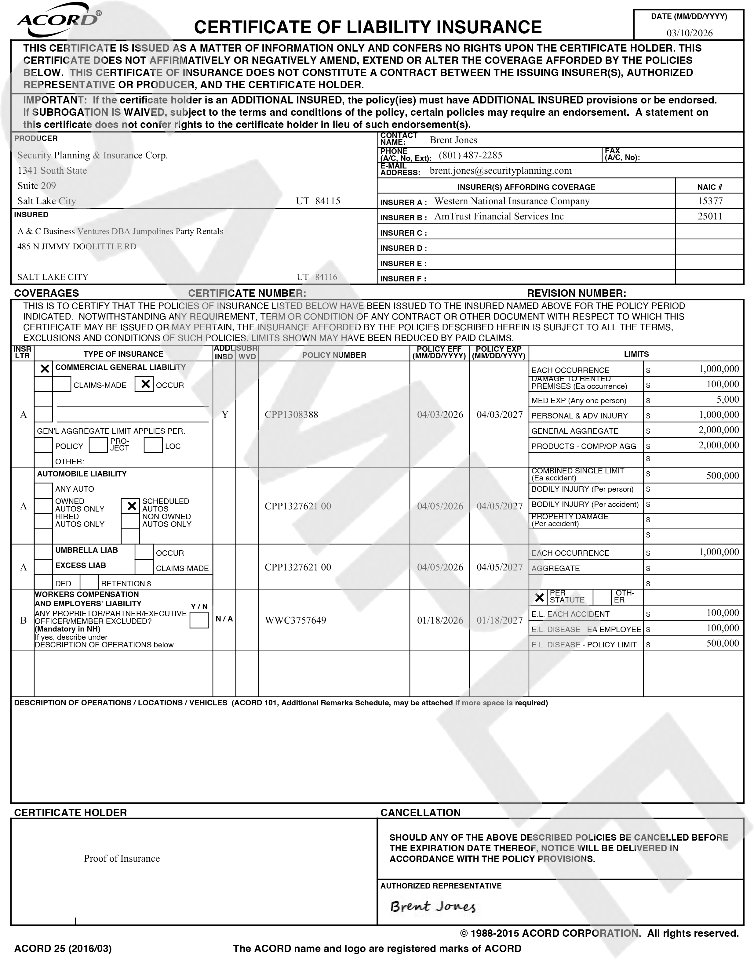 Certificate of insurance for Jumpolines showing $3M/$1M coverage