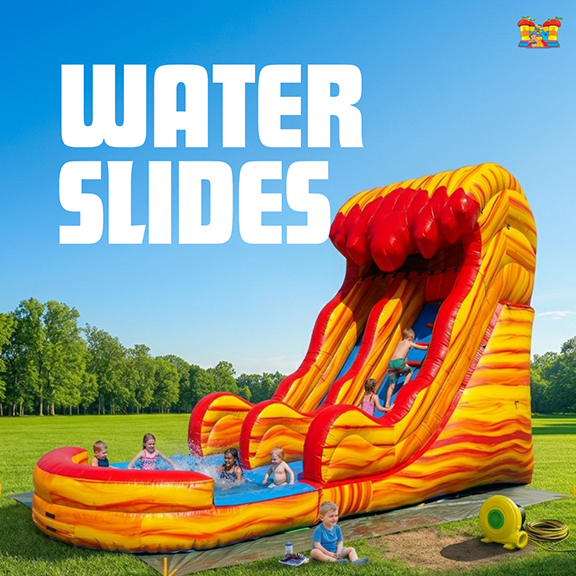 Tropical water slide on blue image as a promotion for the rental