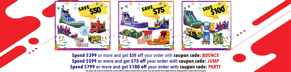 A vibrant flyer advertising coupons for inflatable party rentals, displaying images of inflatables and essential rental information.