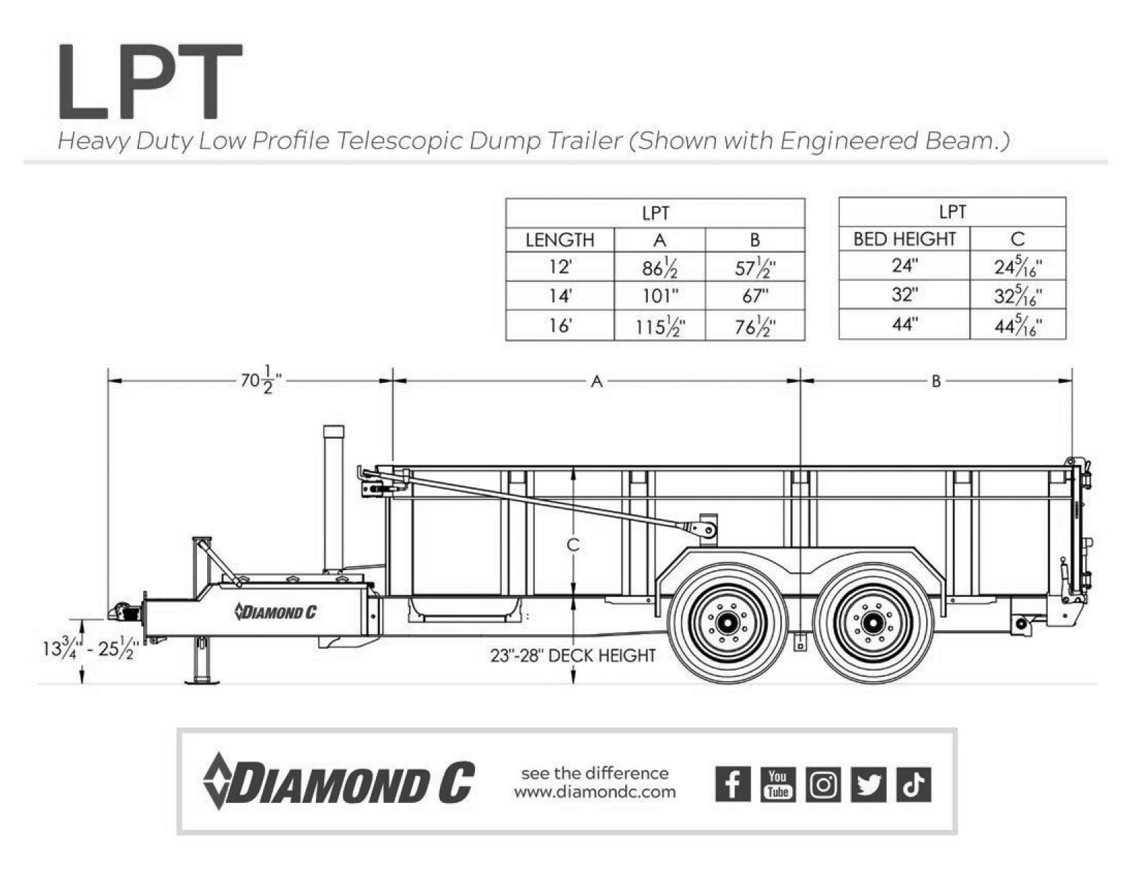 Diamond C LPT Heavy Duty Low Profile Telescopic Dump Trailer technical blueprint with dimensions