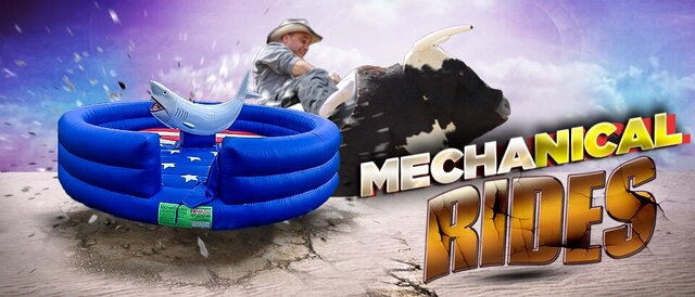 Mechanical Rides — mechanical bull on a blue padded inflatable arena