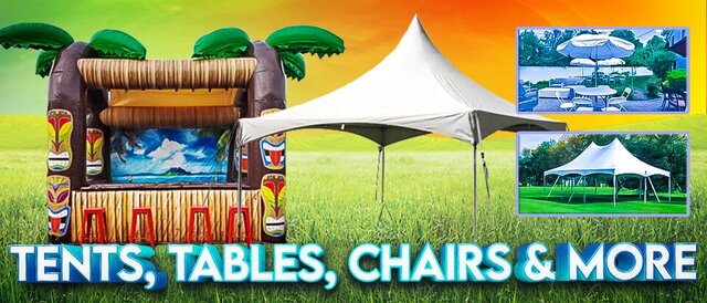 Tents, Tables, Chairs & More — white party tent on grass with table and chair setups