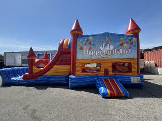 (#5B) Happy Birthday Art Panel Double Lane Slide and Bouncer Combo