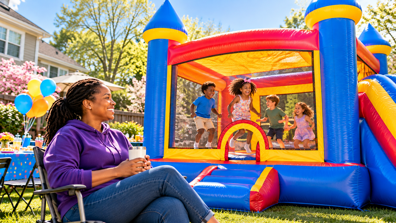 Colorful bounce house set up for an Atlanta-area backyard birthday party