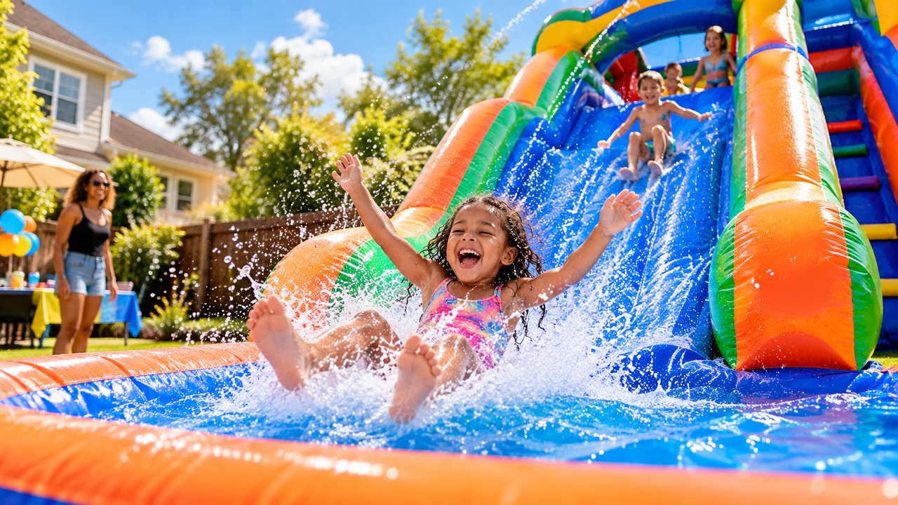 Large inflatable water slide set up for a summer backyard party in Metro Atlanta