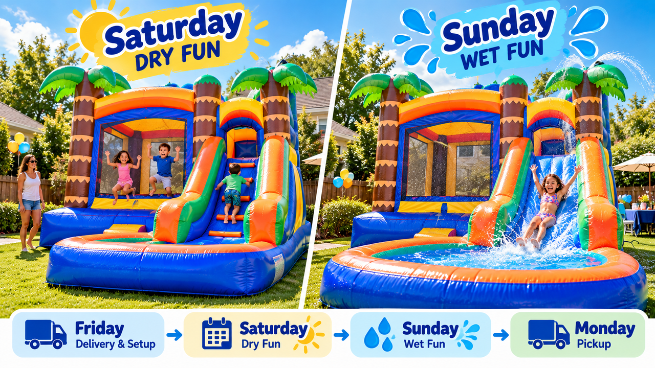 Inflatable bounce house and slide combo set up for a weekend backyard party in Atlanta