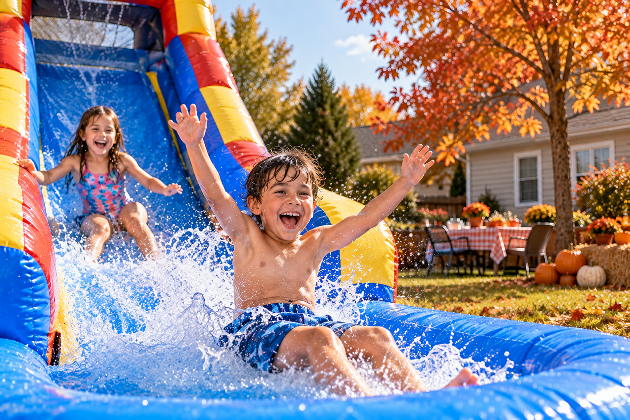 Kids enjoying a backyard water slide party during Georgia fall weather