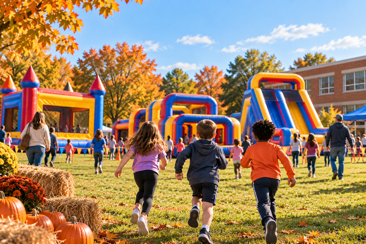 Kids enjoying inflatable at school fall festival