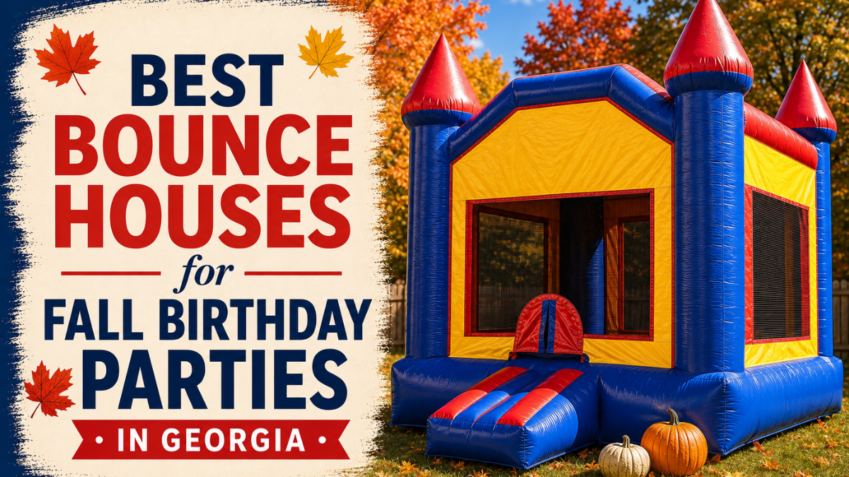 Colorful bounce house setup in backyard for fall birthday party