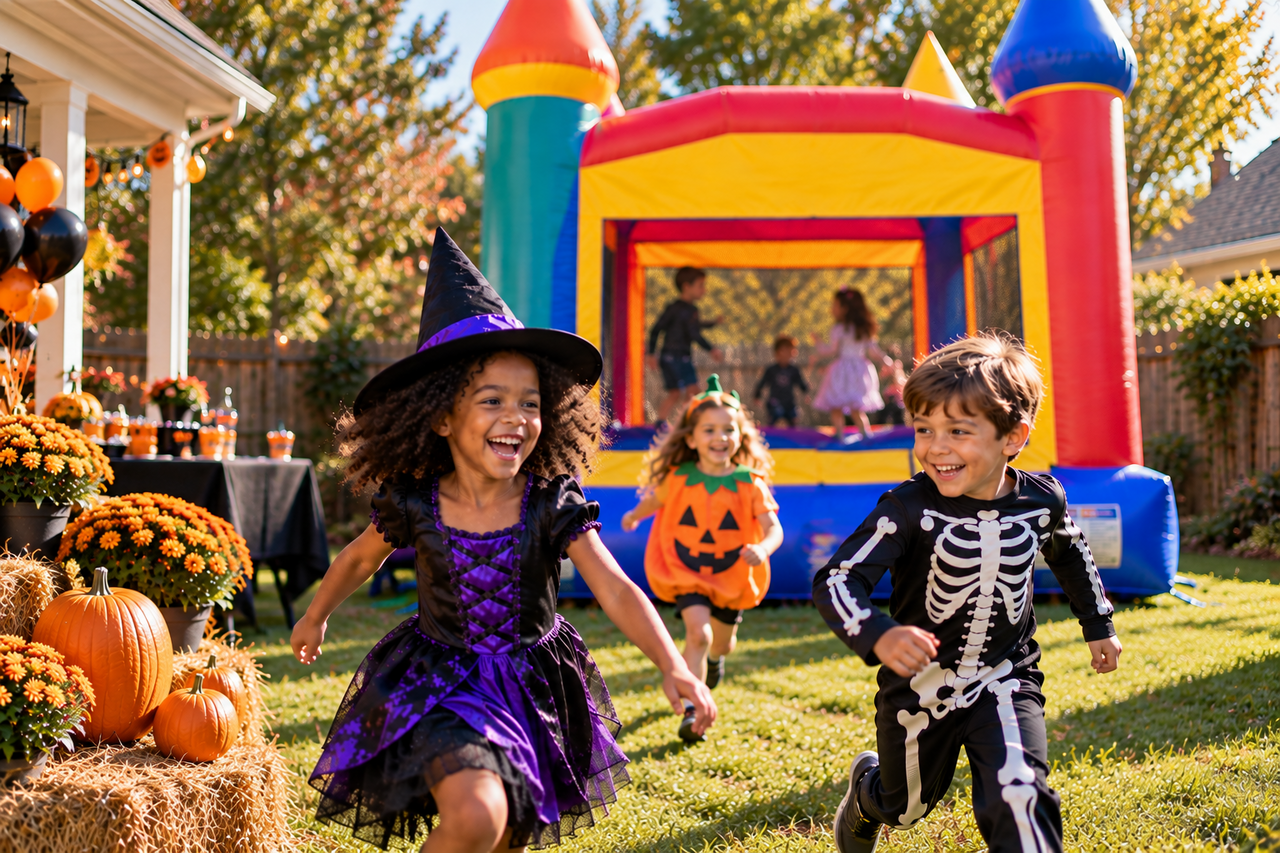 Joyful backyard Halloween bounce house party with kids in costumes