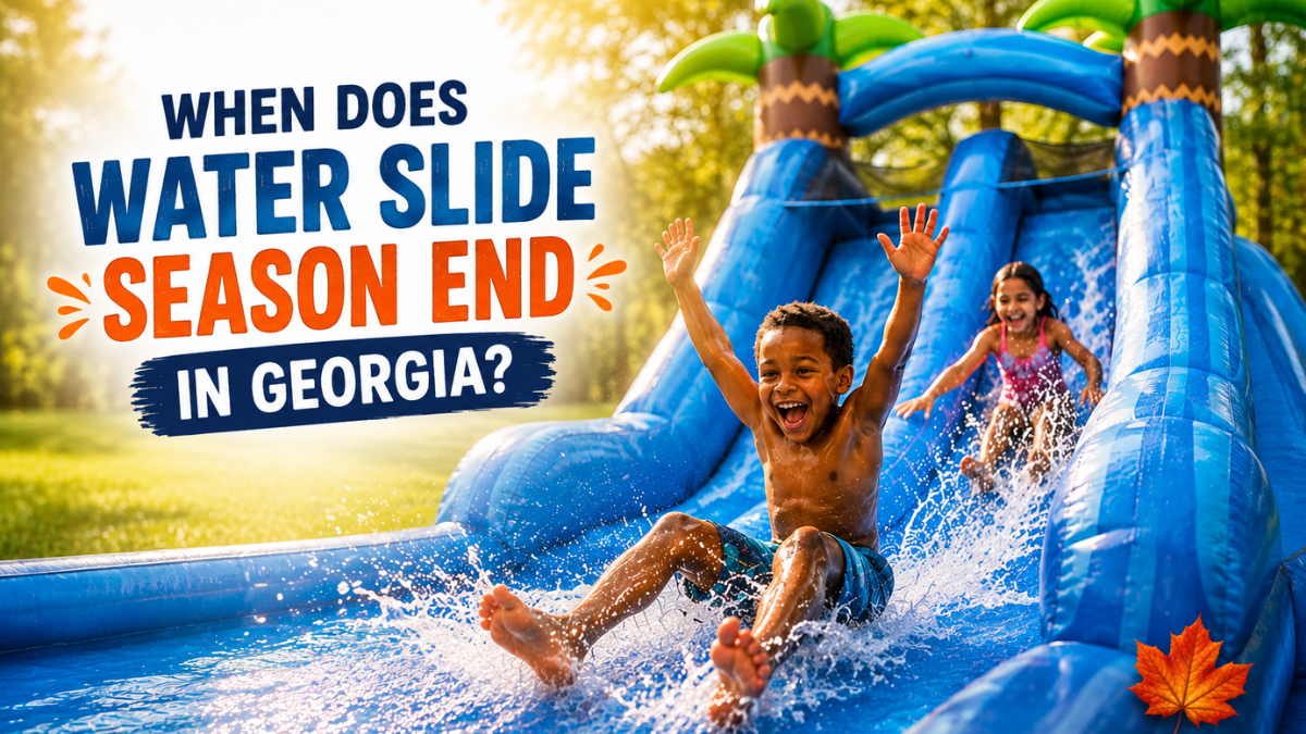 Children enjoying an inflatable water slide on a warm Georgia day