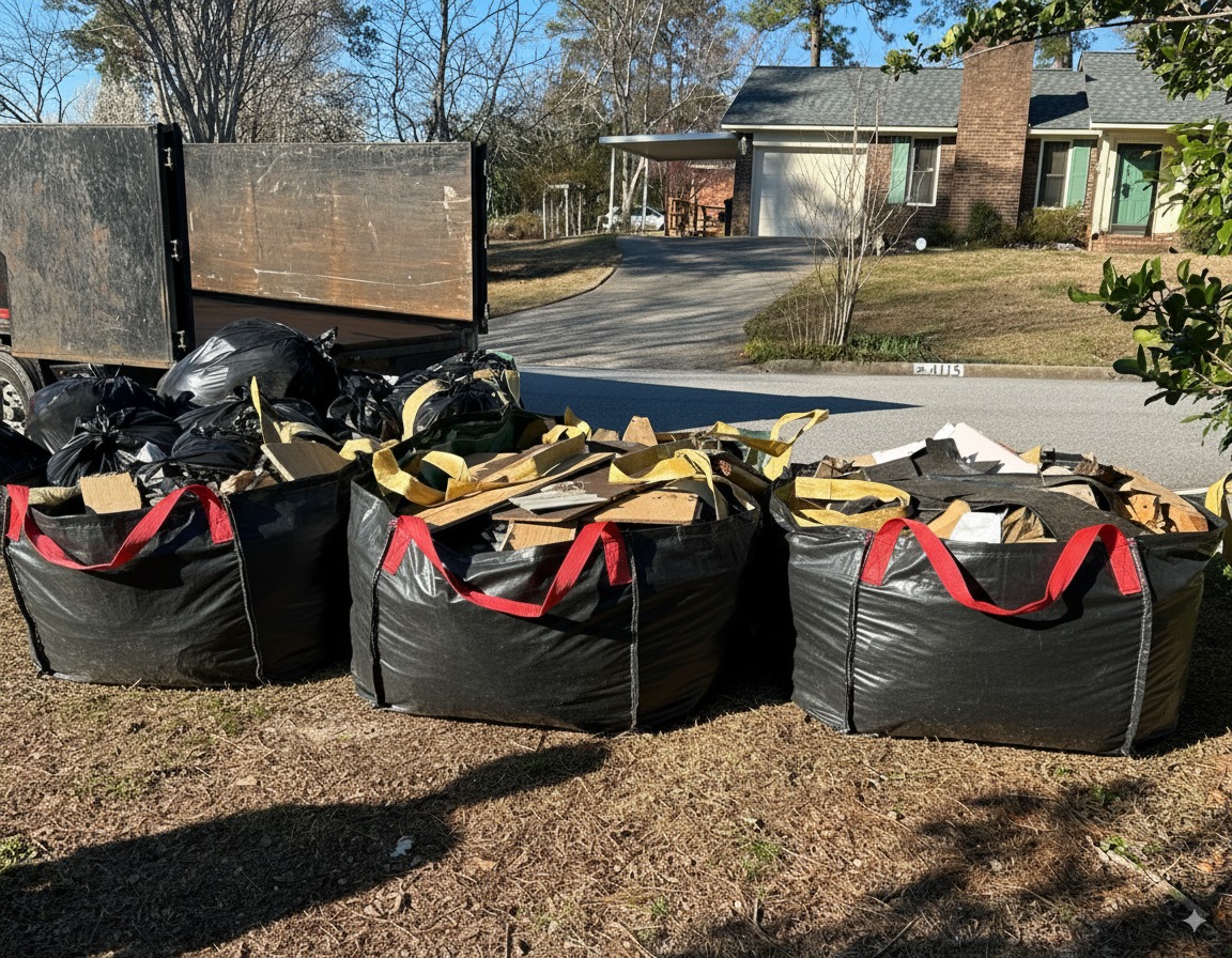 Junk Empire black waste bags filled with debris in residential area