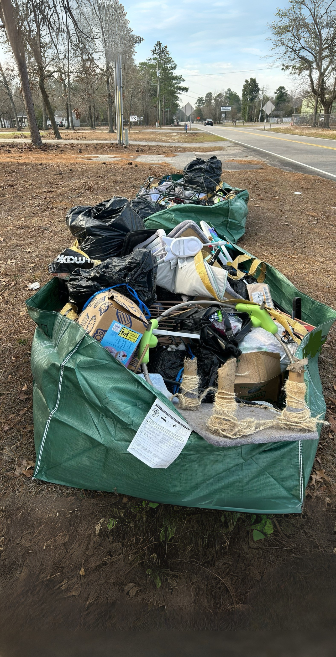 Junk Empire cleanup project with large green debris bags filled with assorted junk, black trash bags, and household items placed by the roadside for removal.