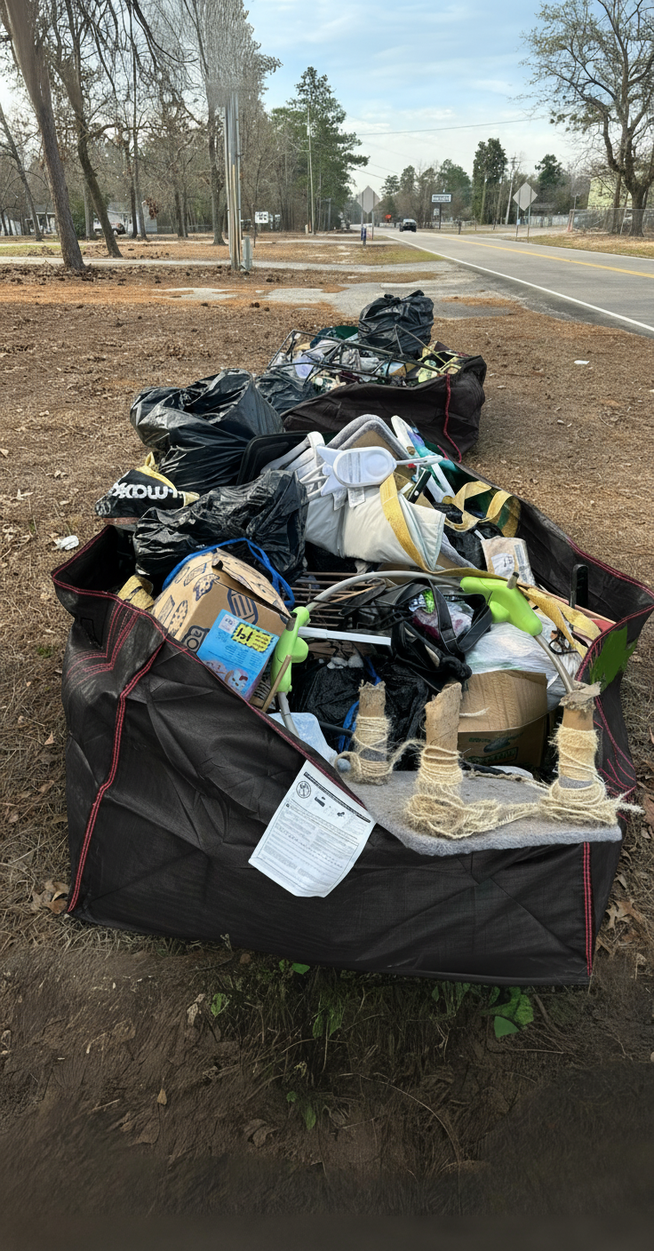 Junk Empire cleanup project with large black debris bags filled with assorted junk, black trash bags, and household items placed by the roadside for removal.