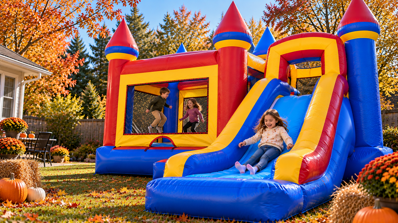 kids playing on an inflatable at a fall party in Cleveland, GA
