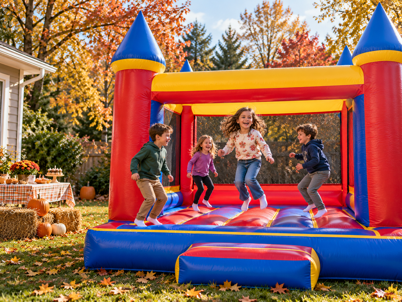 kids jumping in a bounce house at a fall birthday party in Cleveland, GA