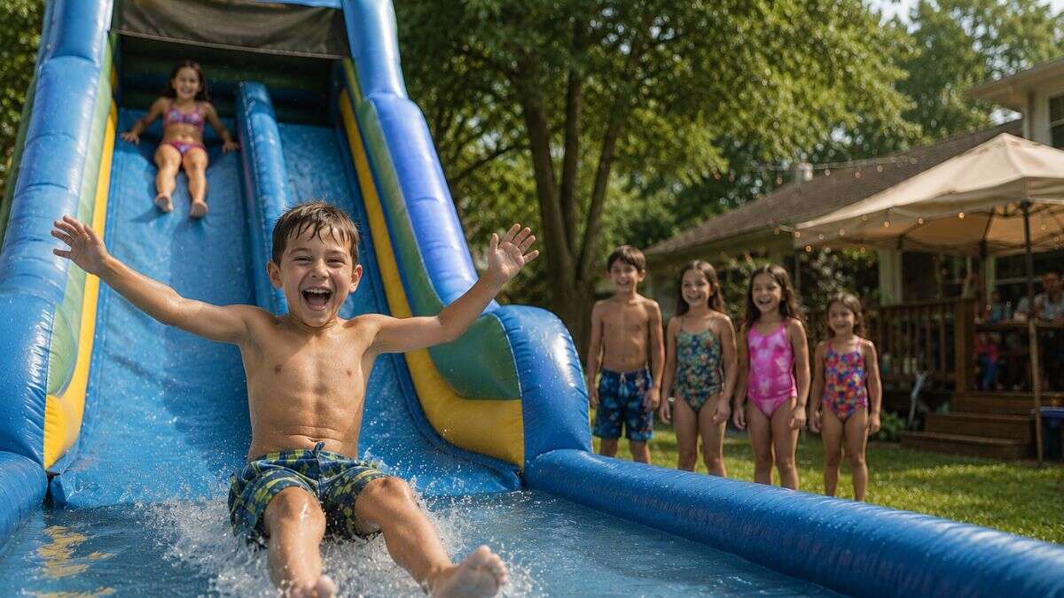 Best water slide rentals summer parties with kids enjoying popular water slide inflatables