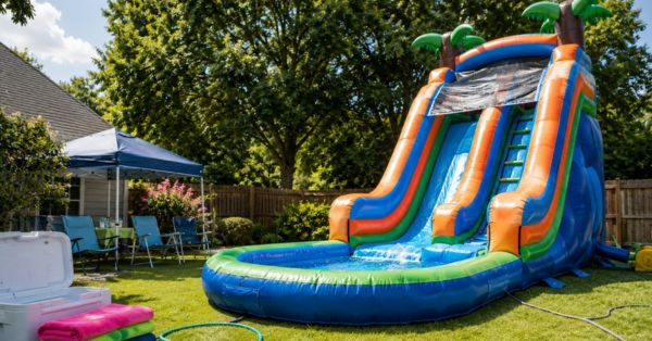 Backyard water slide fun in summer