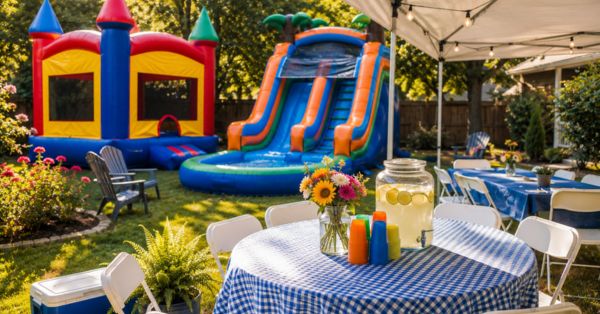 Backyard celebration with inflatables and drinks