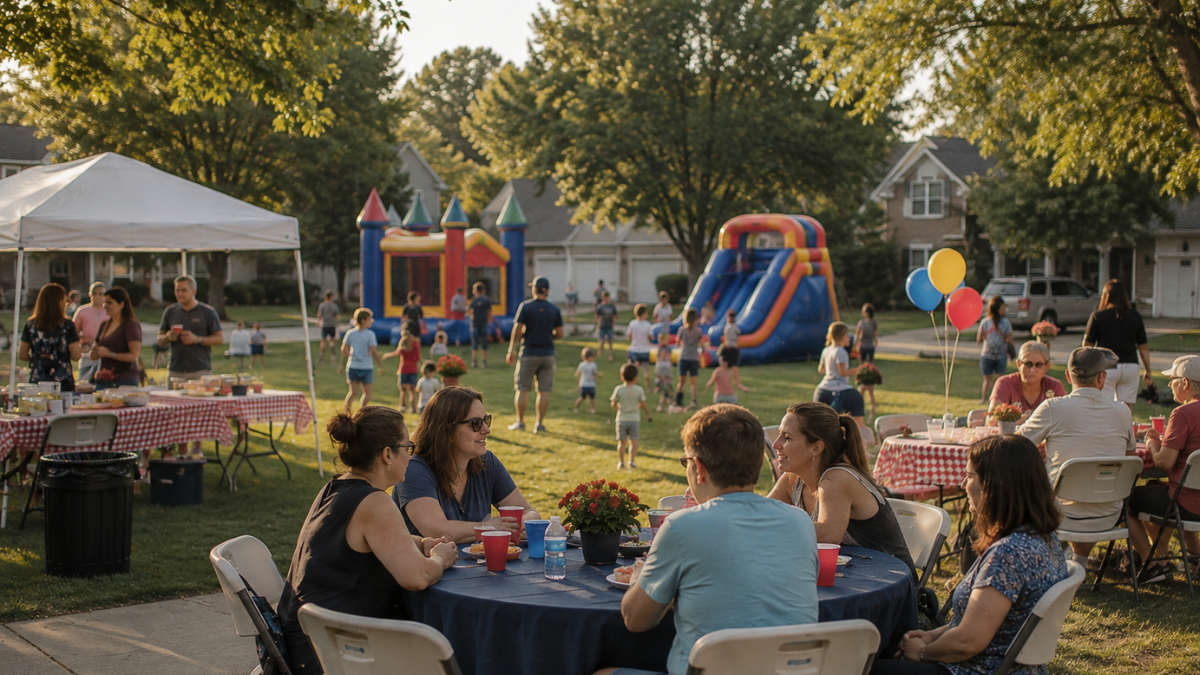 Neighborhood summer party with inflatables and families enjoying outdoor activities