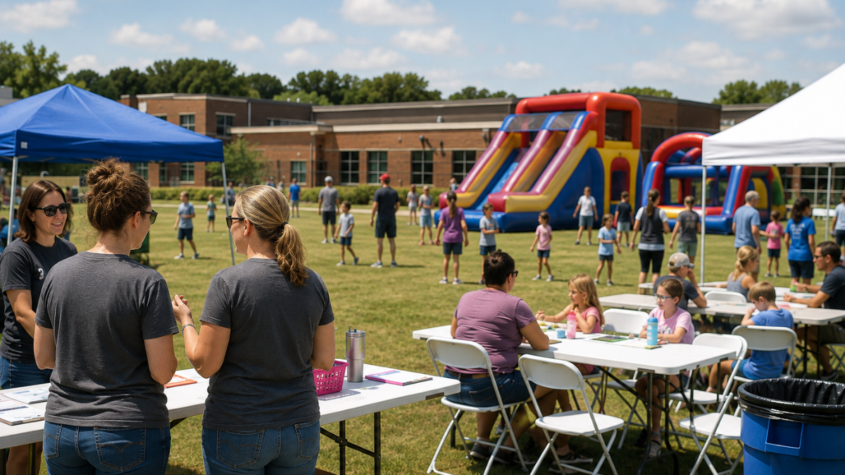 PTO members reviewing school event layout planning with rental items