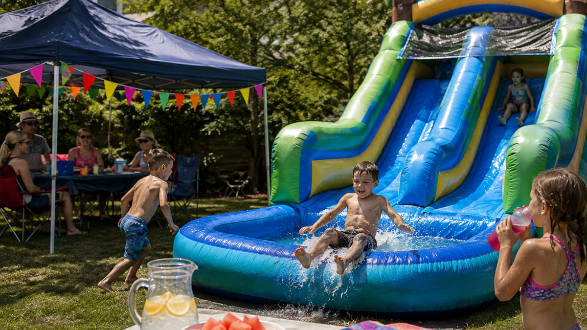 Kids enjoying water slide at late summer party