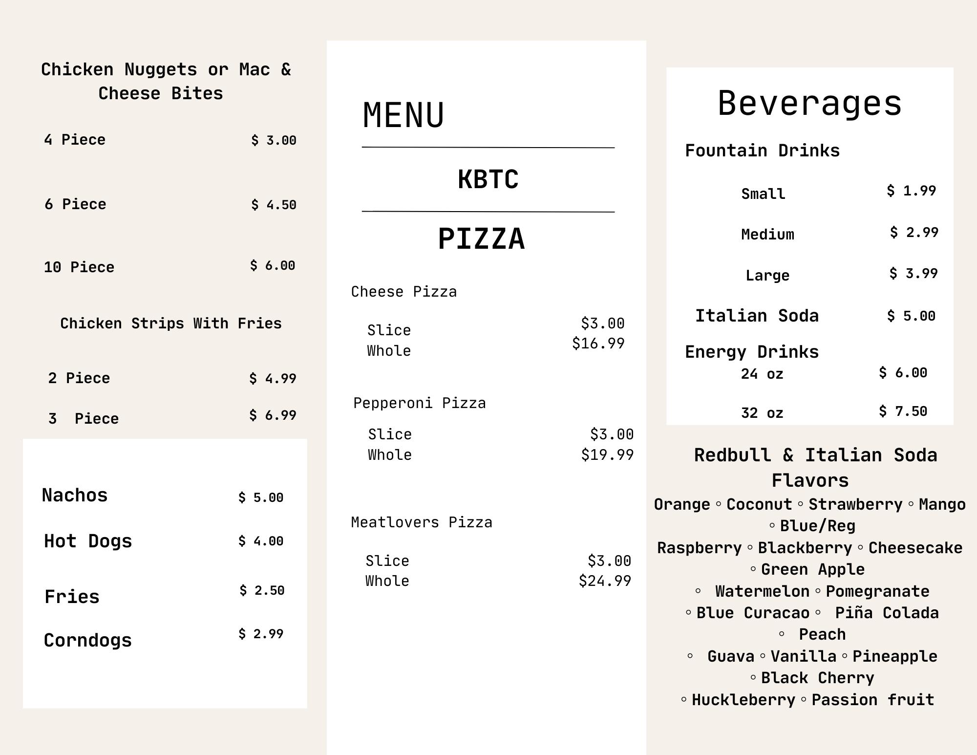 Family Fun Zone Food Menu