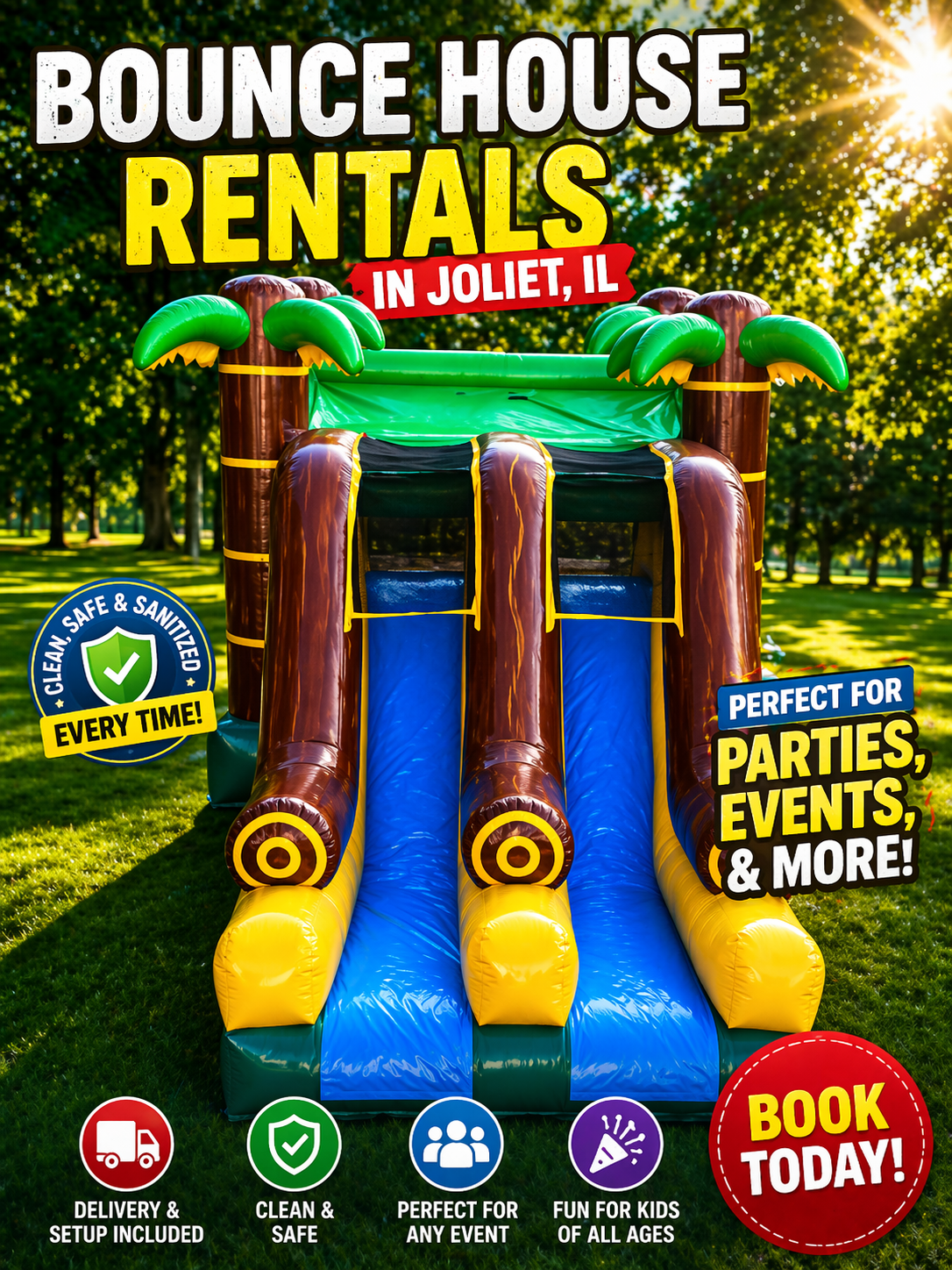 Bock party in Joliet, IL. Inflatable castles in bright hues fill the scene, enticing children to jump and play. Parents watch, which looks real. A thrilling water slide glistens in the sun, promising slippery fun for those brave enough to take the plunge. Under a spacious white tent, neatly arranged tables and chairs invite families to relax and enjoy. Describe a text: "Kids 4 Jump Joliet IL."