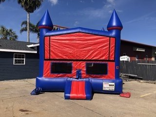 Large Blue & Red Bounce House with Hoop