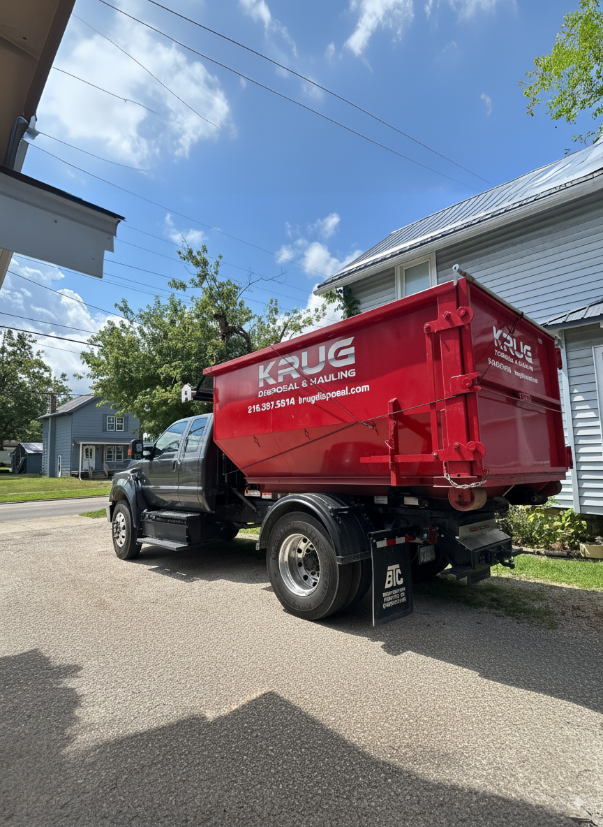 Krug commercial dumpster on a residential property.