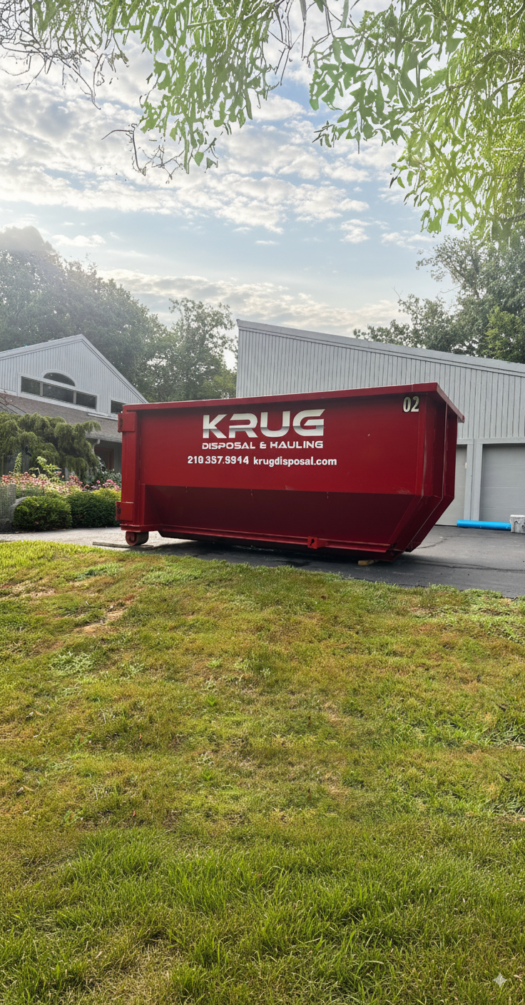 Red residential dumpster from Krug Disposal in a front yard.