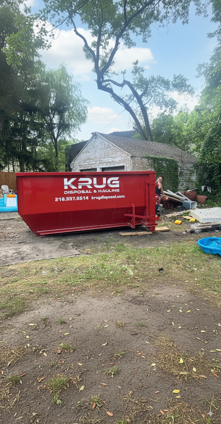Large red Krug Disposal dumpster for yard waste and debris. Large red Krug Disposal dumpster for yard waste and debris.