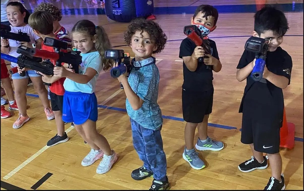 Laser tag arena set up inside a school gym in Miami