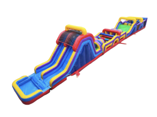 100' Rainbow Challenge Obstacle Course w 22' Double Lane Slide(Wet/Dry) New 2024