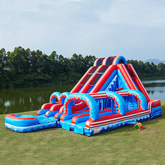 20 Foot Blue and Red Dual Lane Slide with Obstacle Challenge