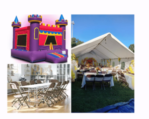 20x40 ft canopy, bounce house,8 tables and 60 chairs.