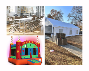 20x30 ft canopy, bounce house, 6 tables and 50 chairs. 