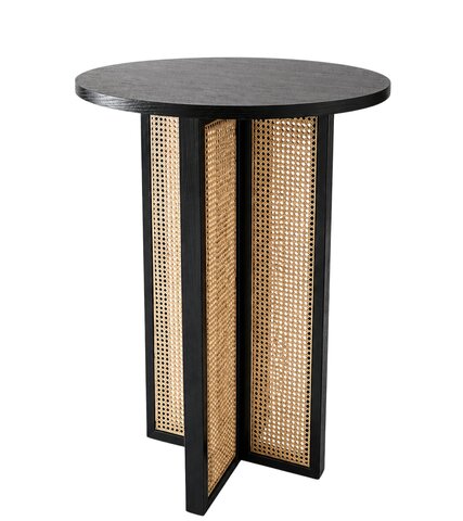 Cocktail Table - Harper Rattan Round - Black Wood Frame - Black Wood Top