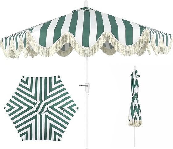 Green and White Umbrella with Fringe Rim With Stand