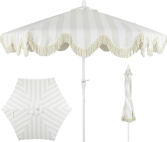 Light Gray and White Umbrella with Fringe Rim With Stand