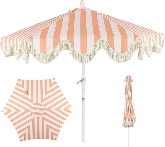 Pink and White Umbrella with Fringe Rim With Stand