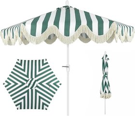 Green and White Umbrella with Fringe Rim With Stand