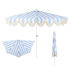Light Blue and White Umbrella with Fringe Rim With Stand