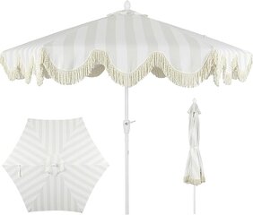 Light Gray and White Umbrella with Fringe Rim With Stand