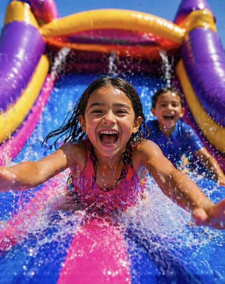 Kids playing on inflatable water slide rental in Las Vegas Nevada