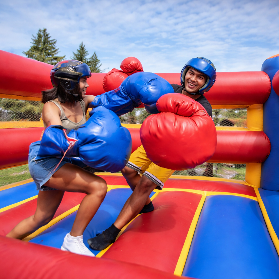Kids having fun in a colorful boxing ring bounce house, wearing oversized gloves and helmets, engaging in playful competition