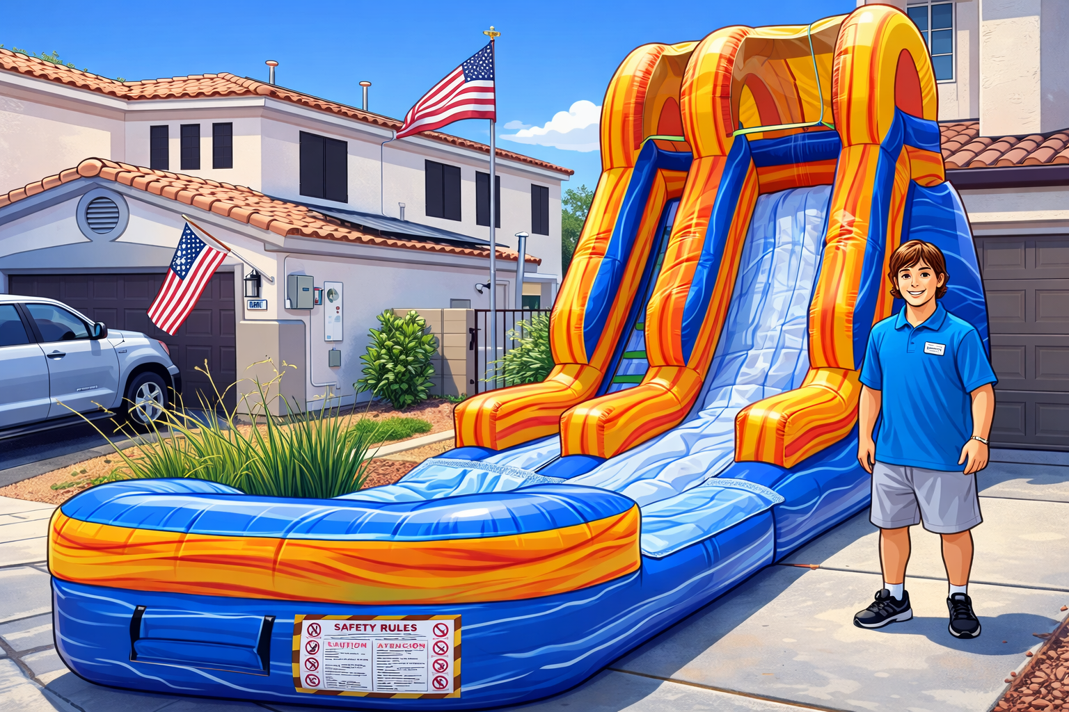 Inflatable water slide in vibrant colors with a smiling attendant, set up in a residential yard in Las Vegas, showcasing the fun and excitement of summer parties
